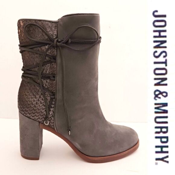 NEW Johnston & Murphy Adley Gray Suede Snake Leather Ankle Boot Block Heel Sz 7 - Picture 2 of 9